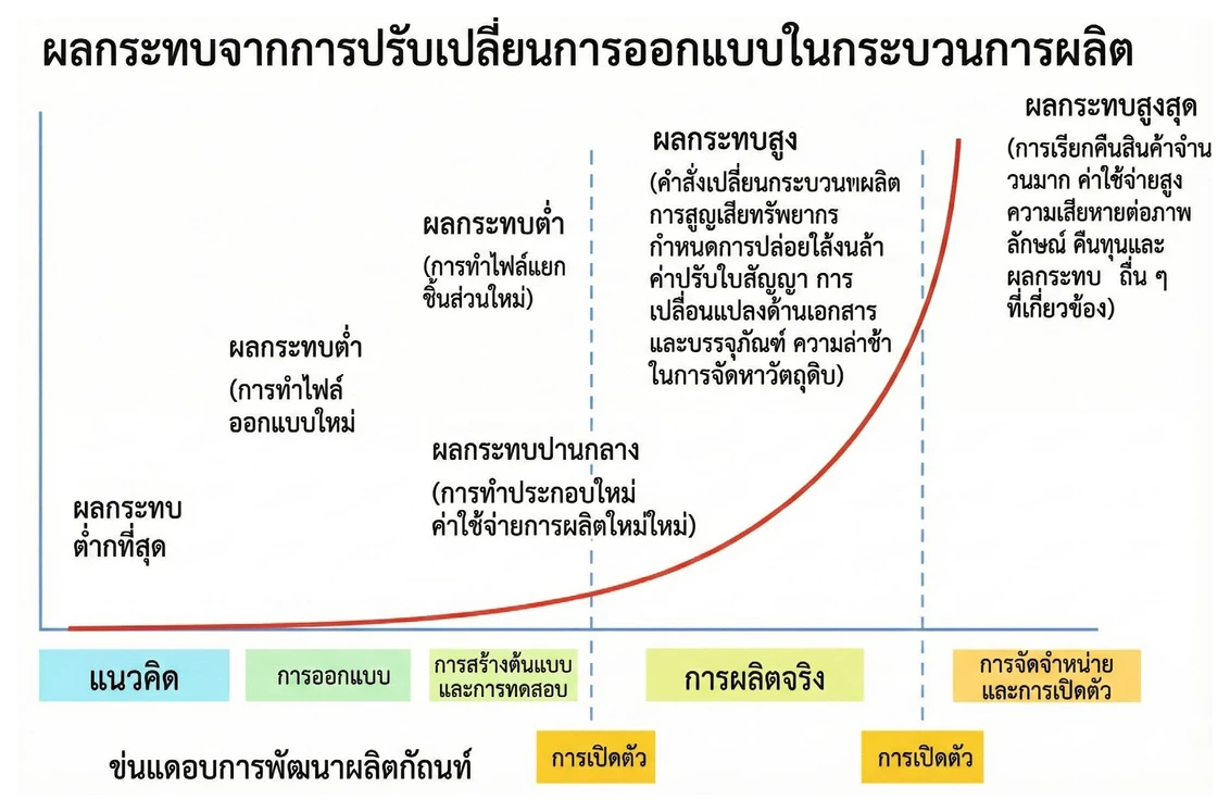 กราฟแสดงความสัมพันธ์ระหว่างช่วงเวลาที่ค้นพบปัญหากับต้นทุนในการแก้ไขในกระบวนการผลิต