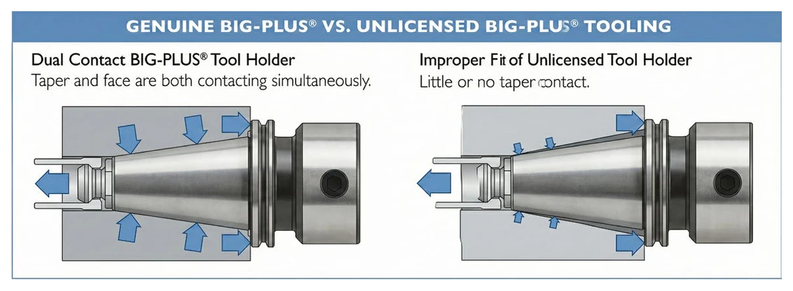 ภาพตัดขวางเปรียบเทียบอินเทอร์เฟซหัวจับ HSK-A63, BIG-PLUS Dual-Contact และ PSC Capto ที่แสดงจุดสัมผัสคู่บริเวณผิวเรียวและหน้าแปลน