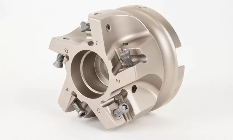 HLNP, 2-1/2" Diameter Shell Mill, 1" Pilot Bore x 90° Lead Angle, 5 Inserts (Rectangle), Negative/Positive Geometry, TSC